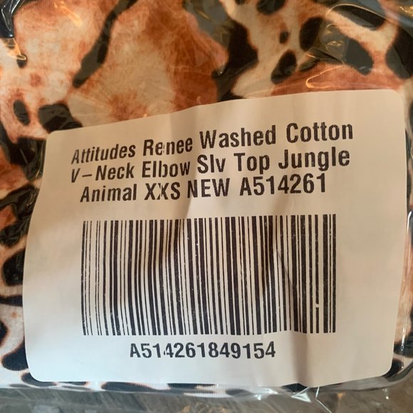 NWT ATTITUDES BY RENEE WASHED COTTON V-NECK ELBOW SLEEVE TOP JUNGLE ANIMAL XXS - Picture 6 of 7